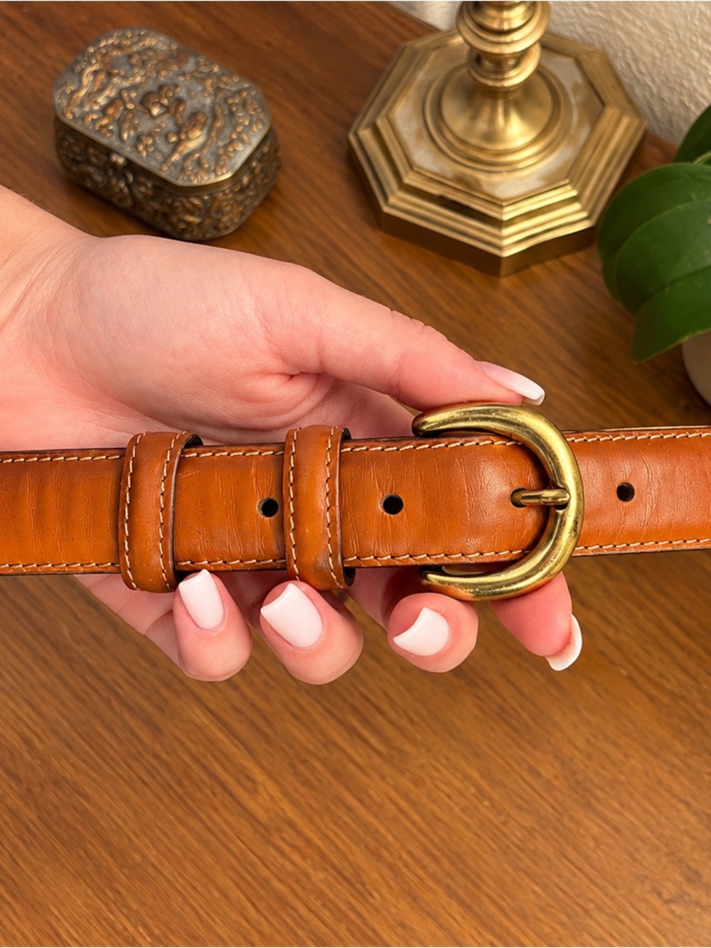 Vintage Nordstrom Brown Leather Belt Gold Tone Buckle 40”